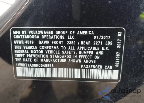 2017 Volkswagen Passat 1.8T Se z USA, uszkodzony, nr VIN 1VWBT7A38HC049858